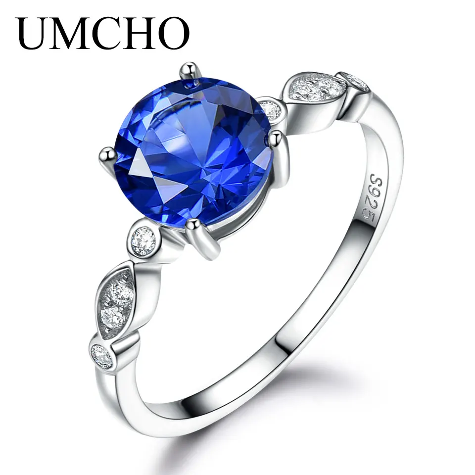 UMCHO Blue Sapphire Silver Ring Solid 925 Sterling Silver Rings For Women Wedding Band September Birthstone Blue Gemstone Gift