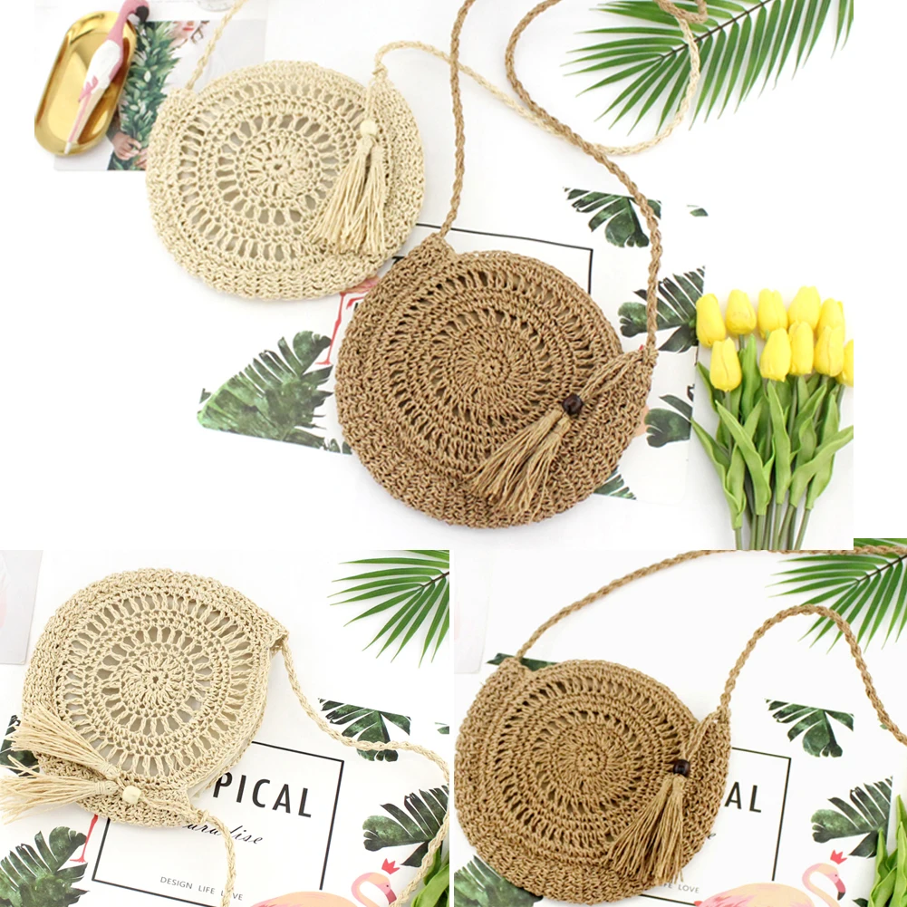 Women Straw Shoulder Bag Beach Style Round Handbag Vintage Tassel Messenger Purse