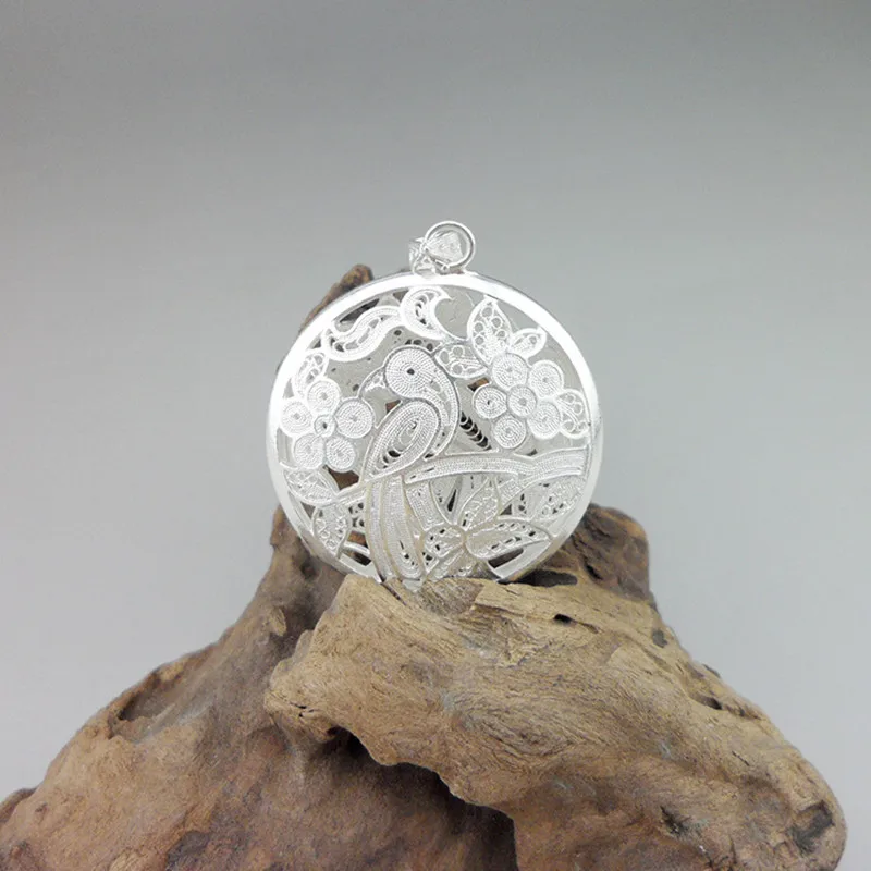 

Silver Pendant Drop Ornaments Bird Round 999 Sterling Silver Fine Jewelry Miao Vintage Handmade Ethnic Necklaces Pendants Women