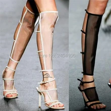 Стильные подиумные женские туфли с ремешками и пряжкой летние длинные босоножки открытый носок пикантные высокий тонкий каблук черный бежевый вырезами сетки сапоги