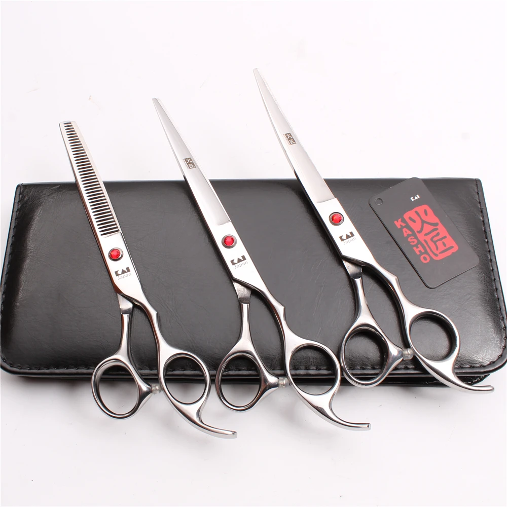 

H3003 3Pcs Suit 7" 19.5cm Japan 440C Cutting+Thinning Scissors+UP Curved Shears Professional Pets Hair Scissors Grooming-for-dog