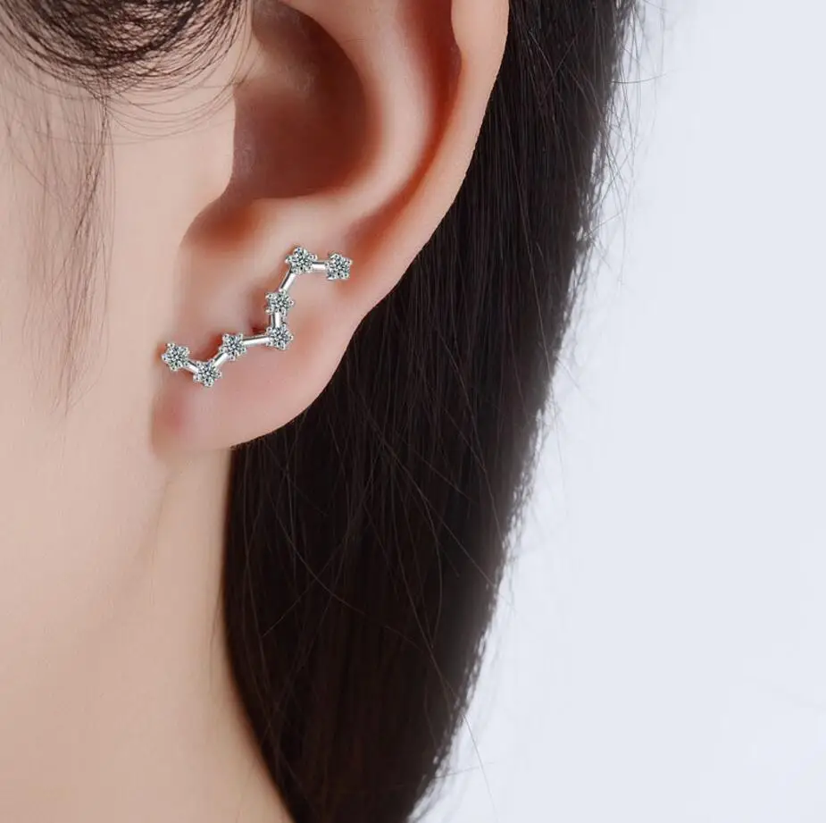 

100% 925 Sterling Silver Cubic Zirconia Big Dipper Stud Earrings For Women Romantic Lady Fine Jewelry