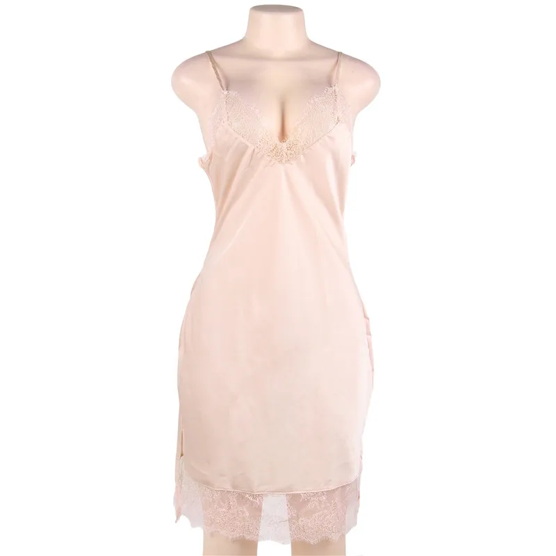 Pink Sleep Dress Comeonlover, сексуальное ночное белье, атласное, кружевное, из кусков, женская пижама, платье, удобное, v-образный вырез, ночная рубашка, большой размер, RL80772 - Цвет: Pink Sleep Dress