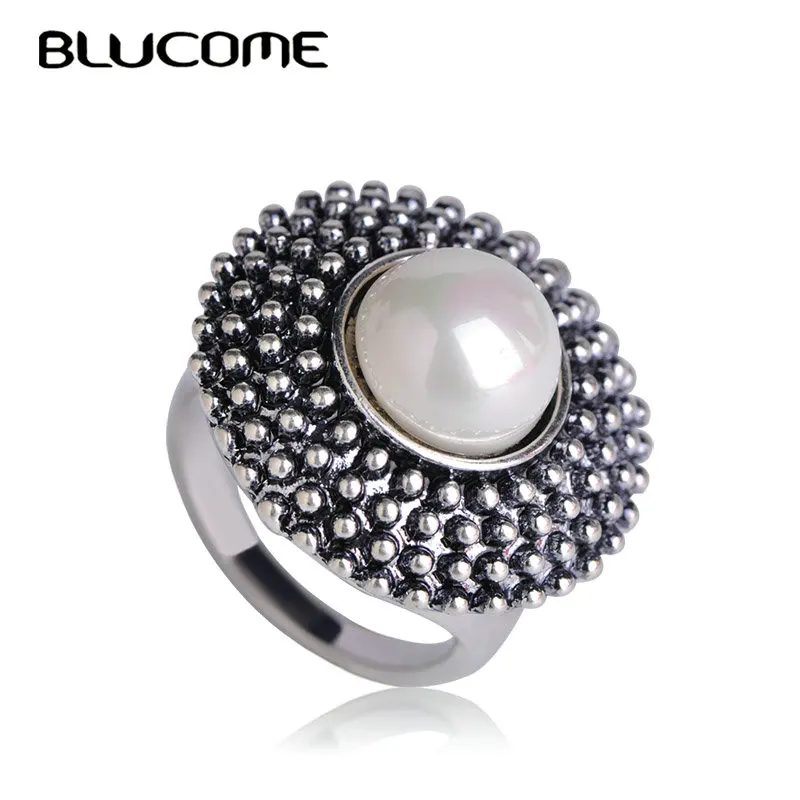 

Blucome Classic Round Big Ring Antique Silver Color Women's Wedding Banquet Engagement Finger Accessories Birthday Party Gifts