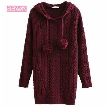 

Winter women's new lace ball hooded sweater women's head long sleeves long solid color loose wild sweater