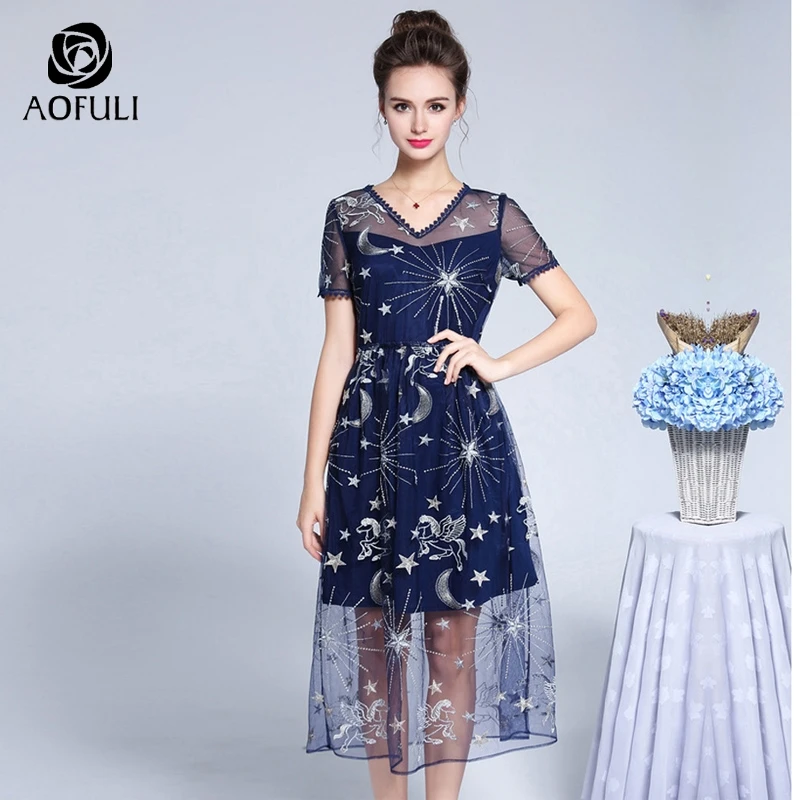 AOFULI M- XXXL 4XL 5XL Elegant Galaxy Embroidered Tulle Dress Plus Size Long Party Dress Short Sleeves Banquet Sundress 03711