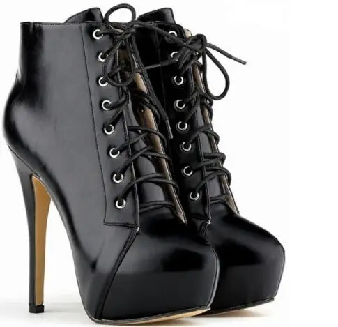

Spring and autumn woman black lace-up high heel ankle boots Fashion platform super high thin heel short boots Fashion boots