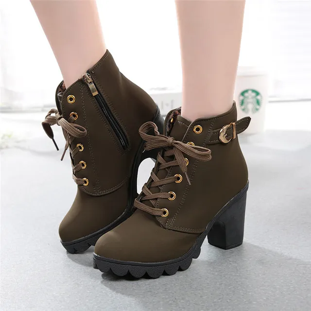 Botas de tacón alto con cordones para mujer, botines de plataforma con  hebilla, a la moda _ - AliExpress Mobile