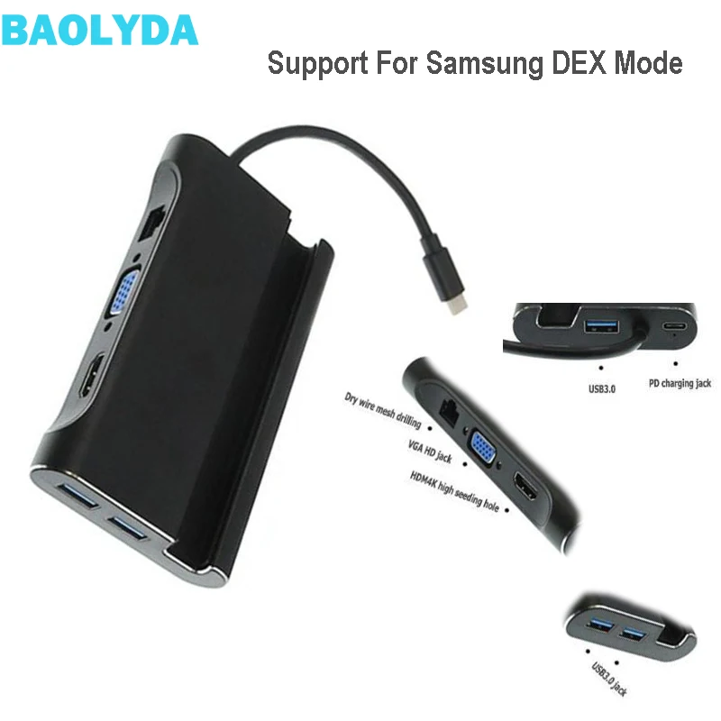  Baolyda USB C Dock Station 7-in-1 DEX Station for Samsung Dex Mode USB Type C to HDMI VGA 4K Ethern