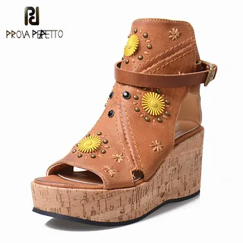 

Prova Perfetto Retro High Heel Wedge Sandals Real Leather Ankle Buckle Women Sandal Flower Rivet Appliques Muffin Platform Shoe