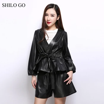 

SHILO GO Leather Suit Womens Autumn Fashion sheepskin genuine leather Sets V Neck bow belt Puff sleeve coat black loose shorts