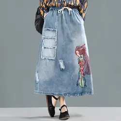 Новое джинсовое платье Повседневное Юбки Женская мода детские штаны с вышивкой и рисунком эластичная кулиска на талии женские Костюмы