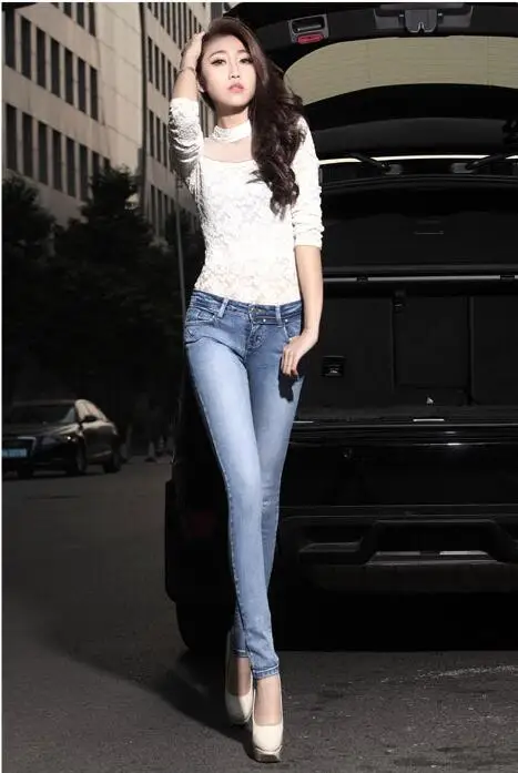 

Freeshipping 2016 summer top fashion sexy skinny women cotton pencil denim pants zipper fly vintage bleached women's jeans D75
