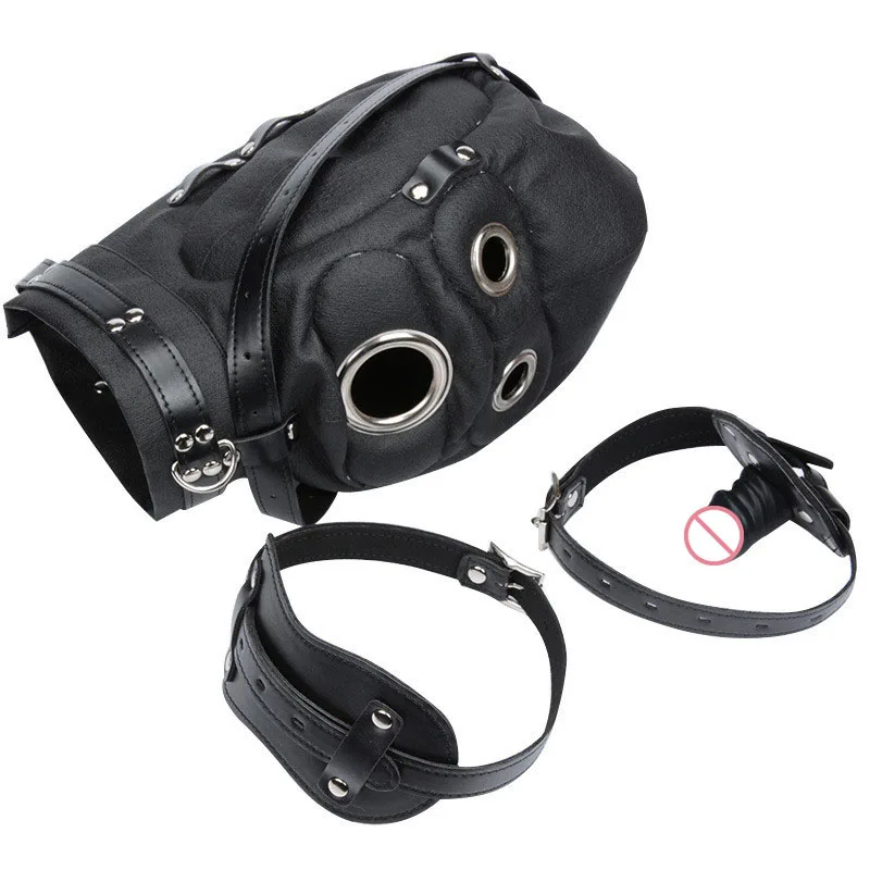 Pu Leather Adult Game Toy Headgear Eye Mask and Open Mouth Penis Plug