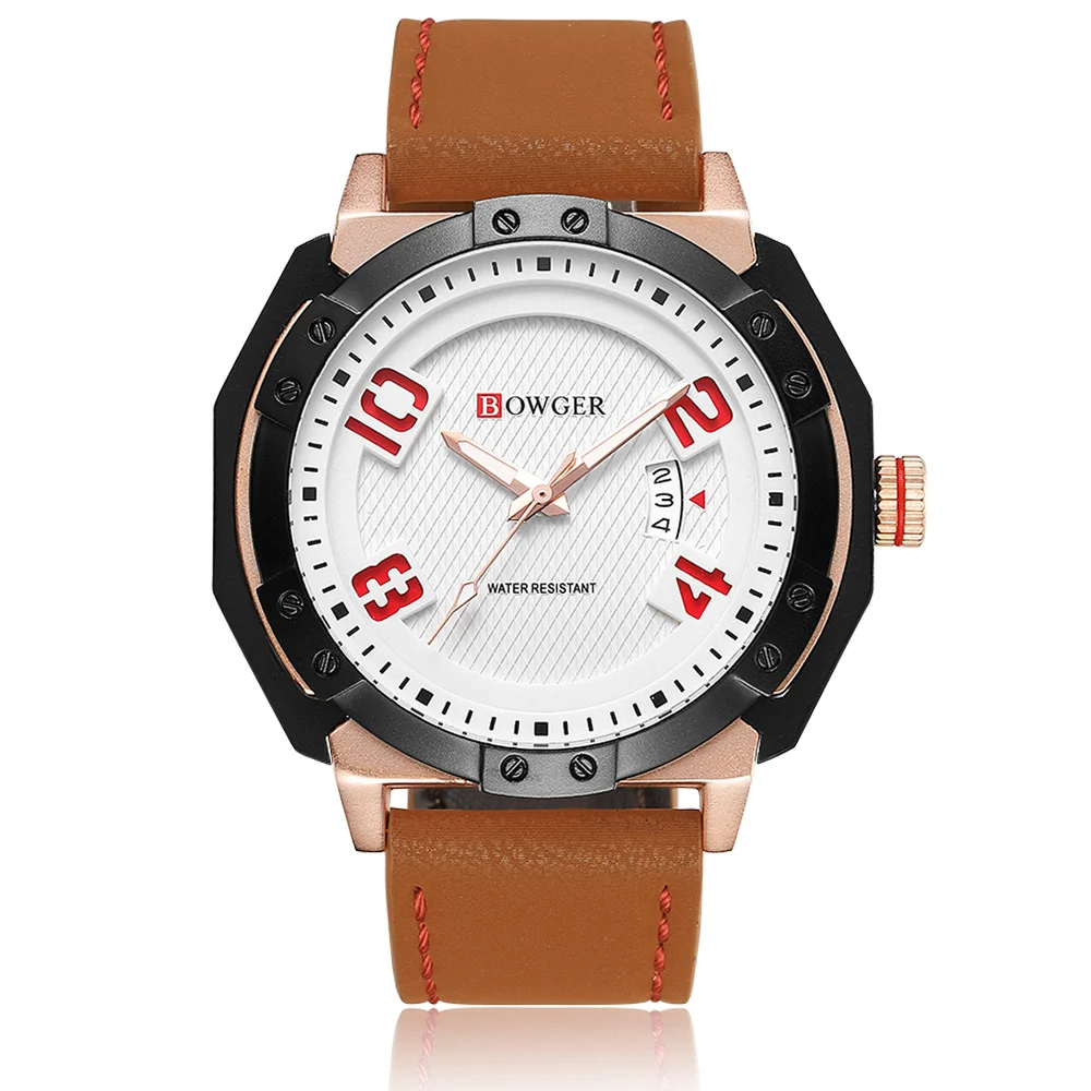 2018 BOWGER Men's Fashion Sport Watches Men Quartz Analog Date Clock Man Leather Military Waterproof Watch Relogio Masculino (16)