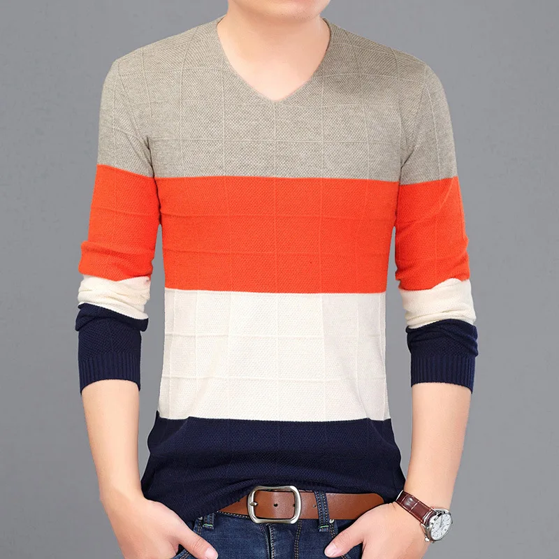 New Arrive Stripe Jacquard Knitted Sweater Brand For Men 2 017 Fashion V Neck Men's Pullover 