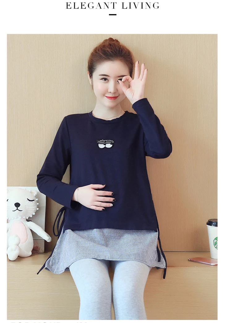 1846# Осенняя корейская мода для беременных рубашки с длинным рукавом Line одежда в стиле пэчворк для беременных Для женщин Беременность Топы туники