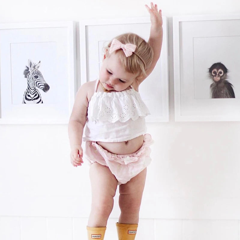 

Cute Toddler Newborn Infant Romper Baby Girl Clothes Summer Dress Outfit Sunsuit Clothes Sling Backless Top + PP Pants Set 0-24M