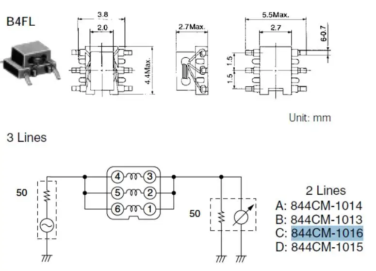 844CM-1016=P3 SMD miniature balun common mode filter RF impedance transformer 0.71A 50R 2