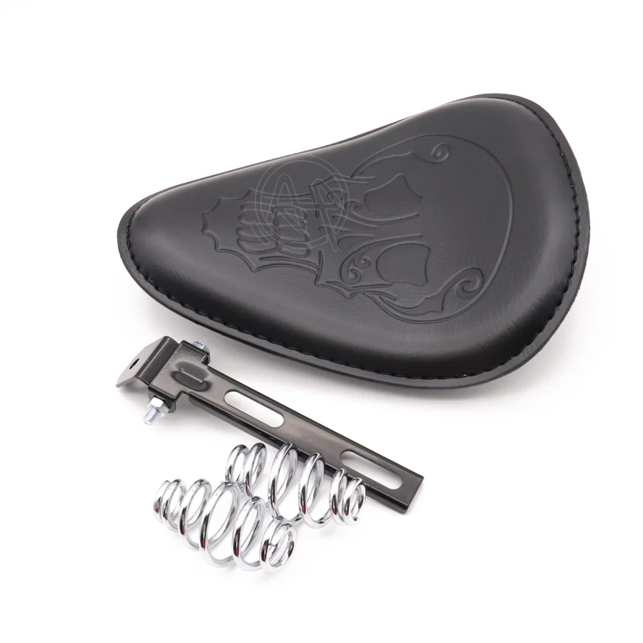 

Motorcycle Black Retro Pu Leather Skull Logo Solo Saddle Seat + 3" Spring Bracket Mounting Kit for Harley Custom Cafe Racer