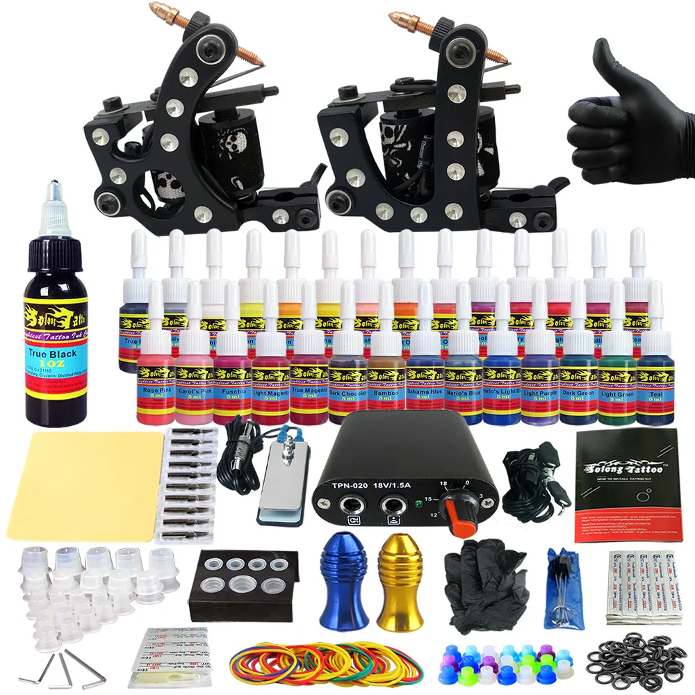 

Tattoo Kit Machine Beginner 2 Guns New Arrival Set Practice Skin 28 Color Ink Pigment TK204-20