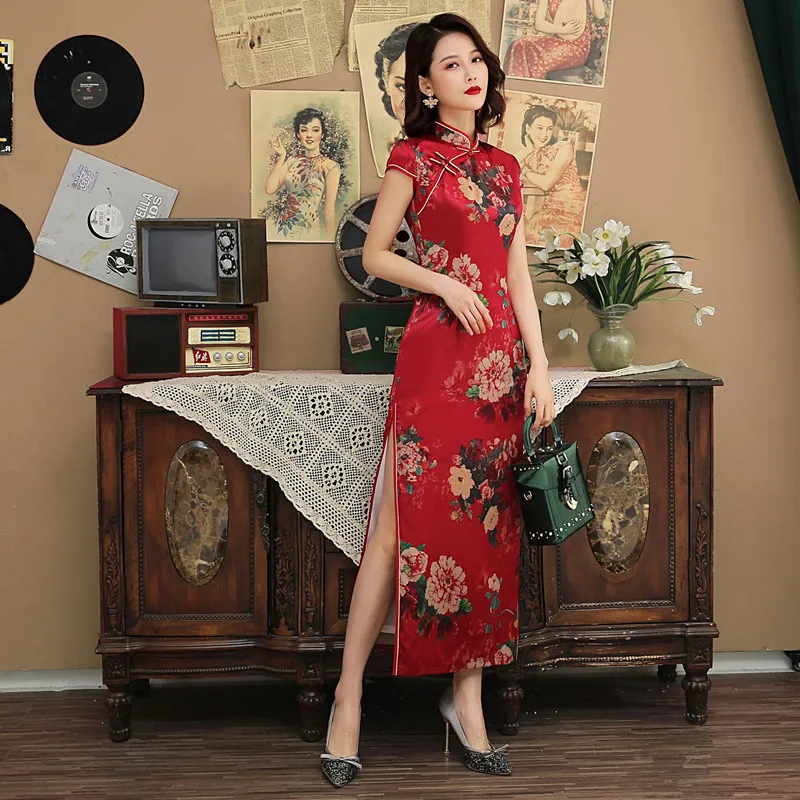 Красное китайское традиционное длинное платье летнее Qipao большого размера с