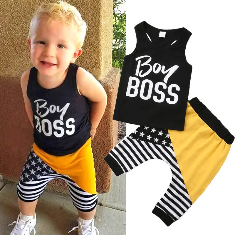 Twins Baby Boys Girls Letter T-shirt Tops Striped Pants 2pcs Outfits Clothes Set 