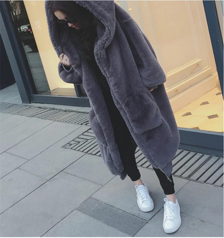 Свободная зимняя куртка для женщин, длинное пальто из искусственного меха, женская теплая верхняя одежда на молнии из искусственного меха кролика для женщин, модное женское меховое пальто