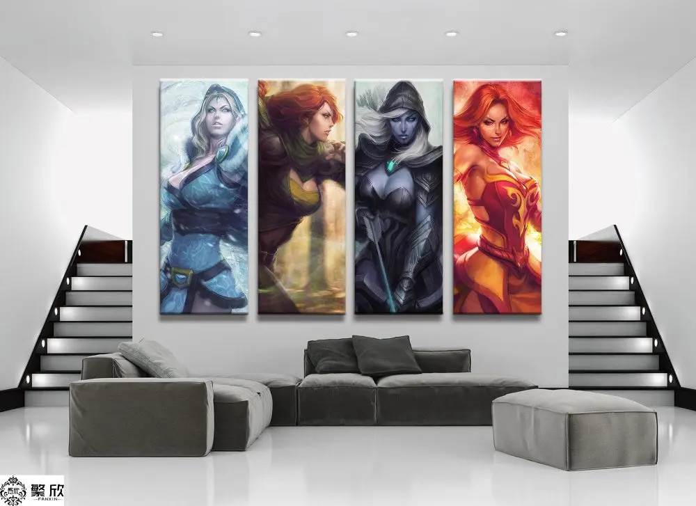 

4 Panel DOTA 2 Game Canvas Printed Painting For Living Room Wall Art Home Decor HD Picture Artworks Modern Poster