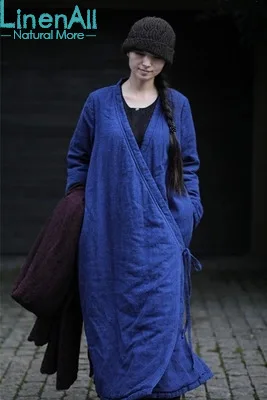 Cheap LinenAll100% linen women's winter dark blue vintage linen cotton-wadded warm parkas outerwear female LinenAll YIJIU