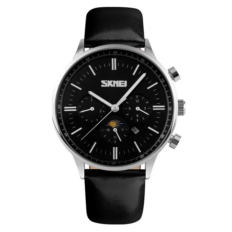 Silver Black SKMEI 9117 Мужские кварцевые часы модные повседневные часы Аналоговые водонепроницаемые кожаные повседневные часы Relogio Masculino Лидирующий бренд - Цвет: Silver Black