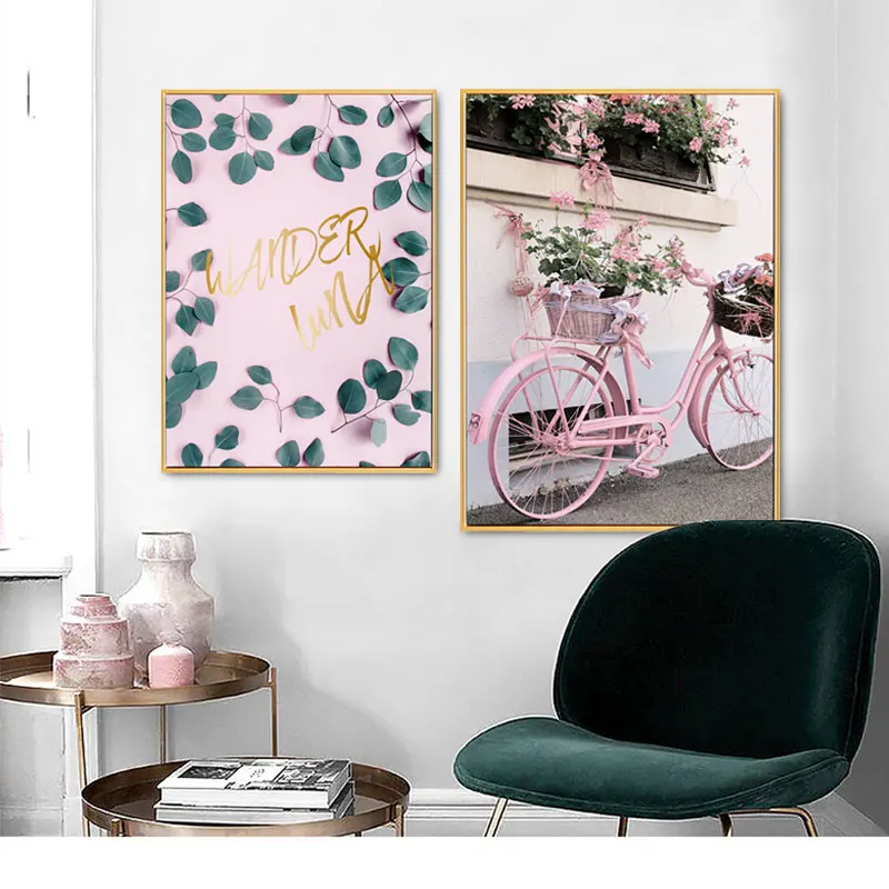

Pink Bicycle Girl's Room Flower Nordic Poster Canvas Art Print Home Posters And Prints Wall Pictures For Living Room Unframed
