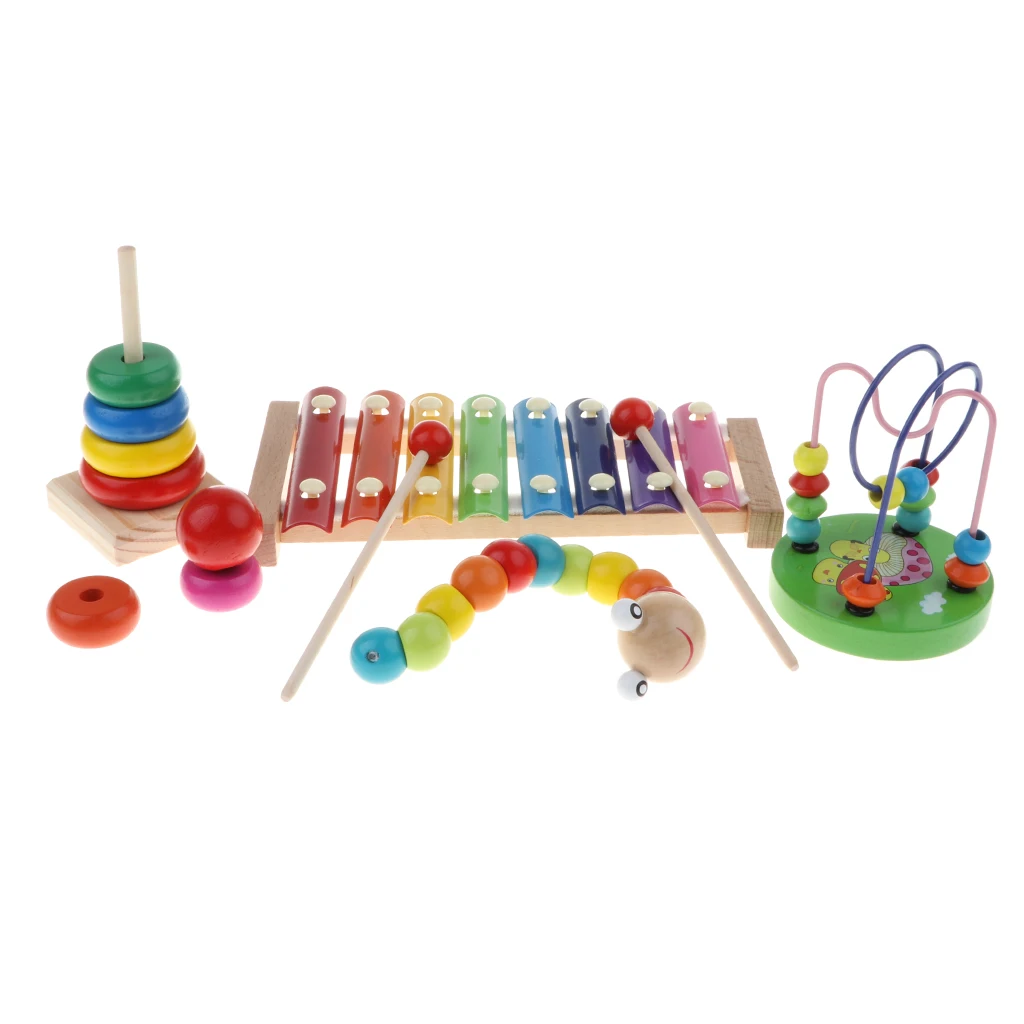 4PCS Montessori Educational Wooden Toy - Music Color & Shape Puzzle Cogniton Learning Xylophone Ring Tower Set #B