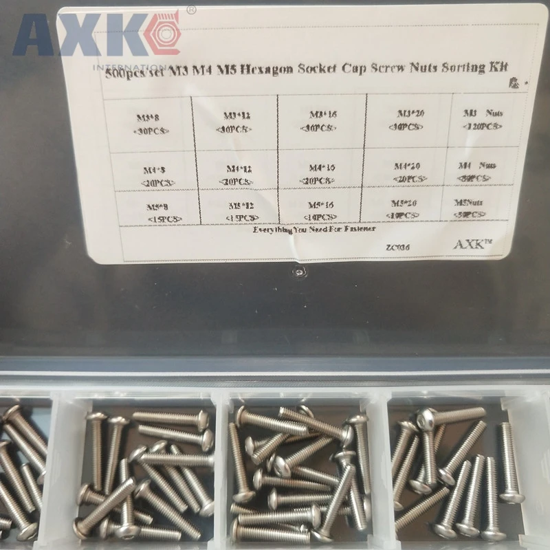 

AXK 500pcs/set M3 M4 M5 Hex Socket Button Head Screws Nuts Assortment Kit Woodworking Tools Fastener Hardware with Box ZC036