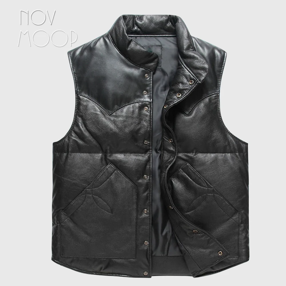 Men winter warm genuine leather real lambskin duck down jacket coat sleeveless vest outwear chalecos para hombre gilet LT2449