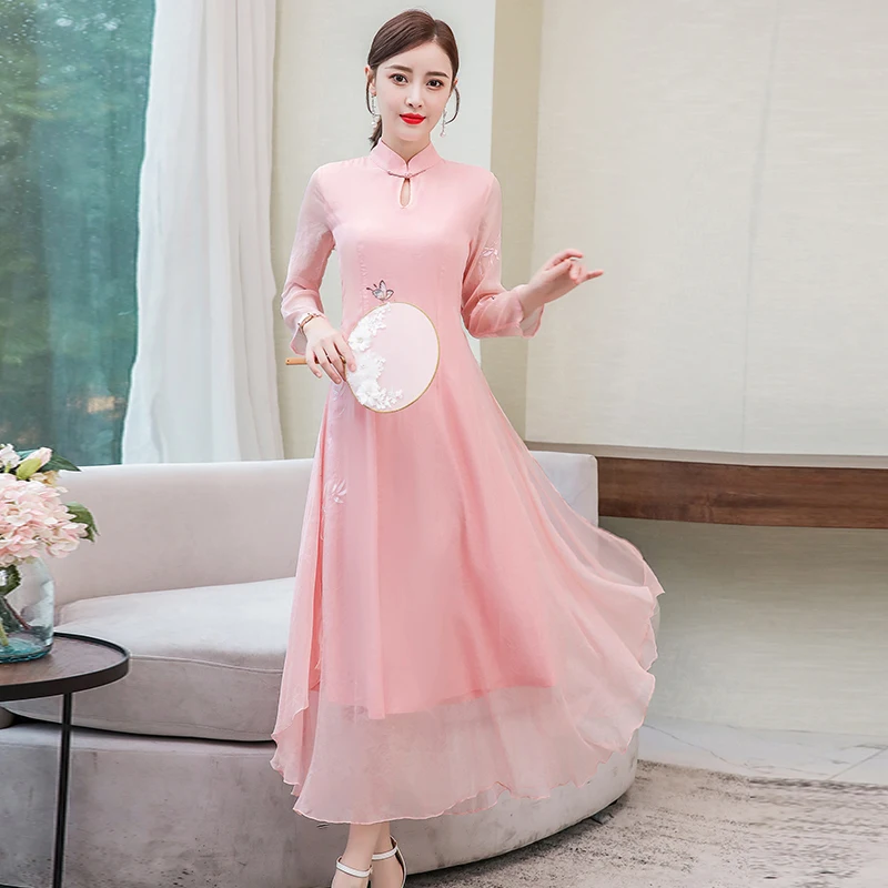 

Chinese Style 2019 Summer Women's Three Quarter Sleeve Dress Floral Print Ladies Vestidos Party Dresses Female Elegant Robe