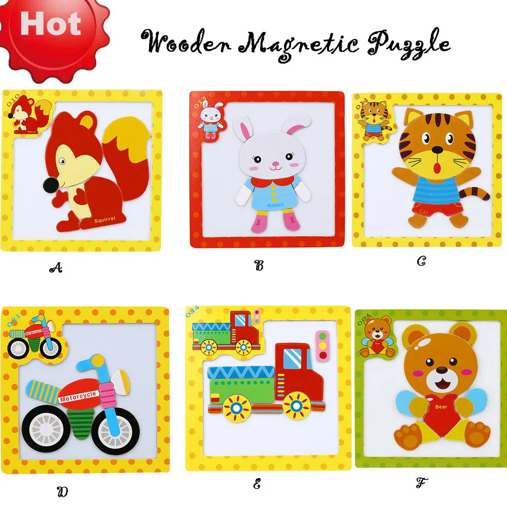 

New Children 3D Wooden Magnetic Puzzle Jigsaw Toys Cut Cartoon Animal Puzzles Tangram Child Educational Toy for Children Gift