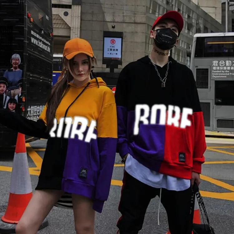 2018 осень уличная хип-хоп флис Досуг Цвет Соответствующие шляпа с капюшоном свободные мужская одежда с длинным рукавом светоотражающие с