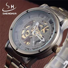 SHENHUA Bronze Automatic Watches Men Hollow Skeleton Leather Strap Mechanical Male Clock Relogio Masculino Mens Wrist Watches