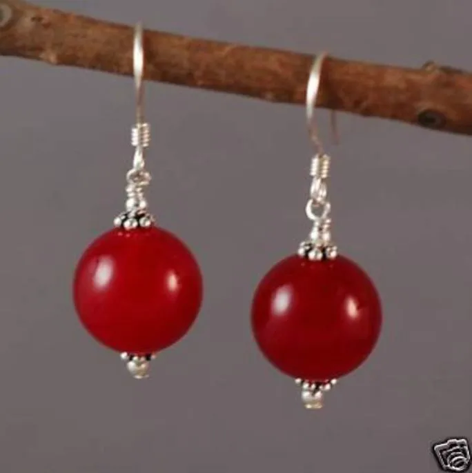 

Lovely tibet 12mm red Natural jade bead dangle 925 silver hook earrings