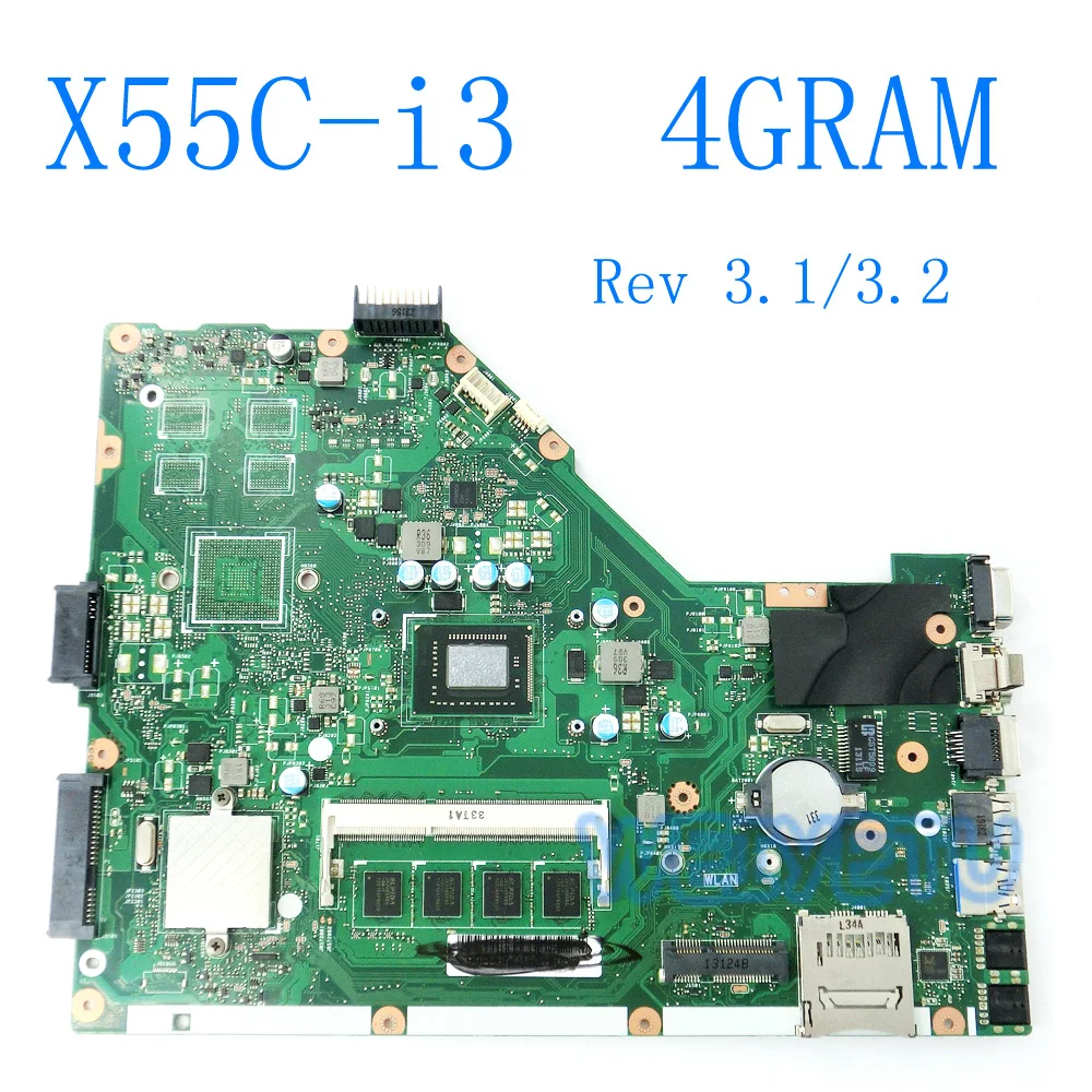 

X55C With i3 CPU Onboard 4GB RAM Memory Motherboard For ASUS X55C X55CR X55V X55VD Laptop Mainboard main board 100% Tested