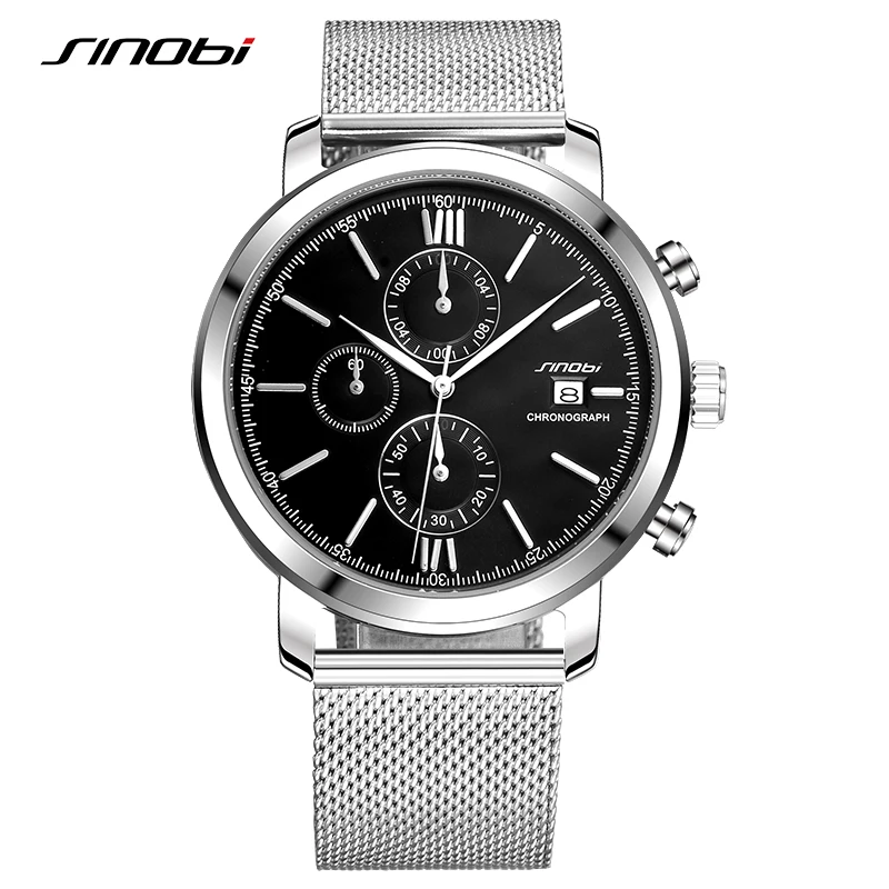SINOBI Мужские часы Спортивные Хронограф наручные сталь Топ бренд класса люкс Relogio