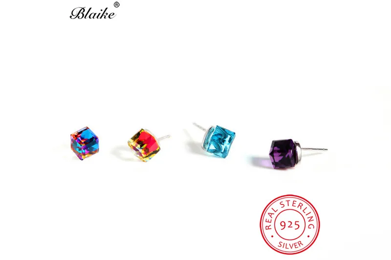 Blaike Mystic Rainbow Fire Topaz Crystal Square Stud Earrings For Women Real 925 Sterling Silver Gradient Earrings Fine Jewelry