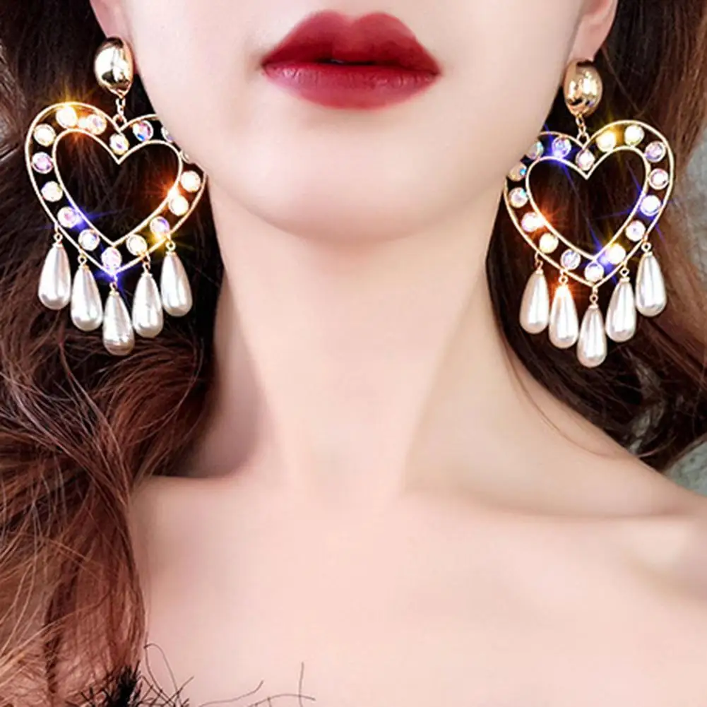

Love Heart Rhinestone Inlaid Faux Pearl Dangle Women Statement Stud Earrings