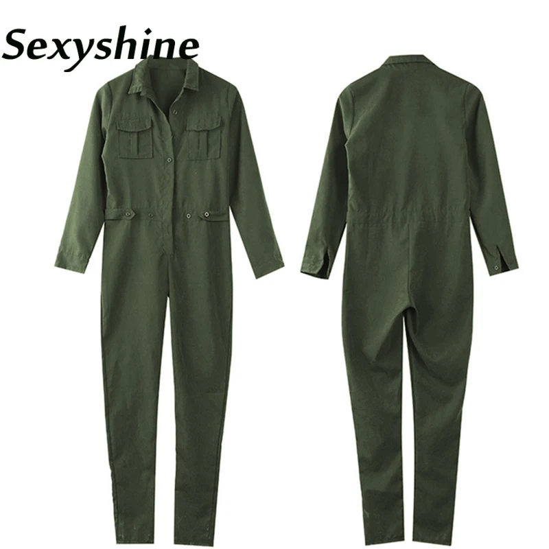 Sexy Women New Fashion Slim Bodycon Комбинезон с длинным рукавом Army Green Solid Casual Bodysuit Ladies Vintage Romper Long