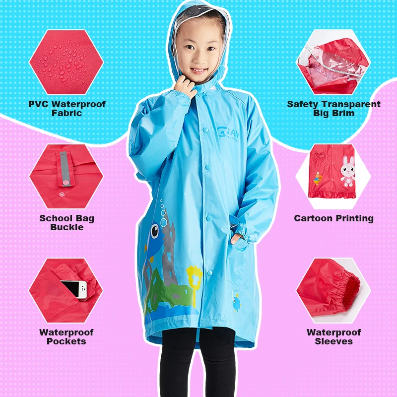

QIAN 3-9 Years Old Impermeable Eco-friendly Children Raincoats Kids Rain Wear Light Weight Rain Gear Poncho Sleeves Rain Coat