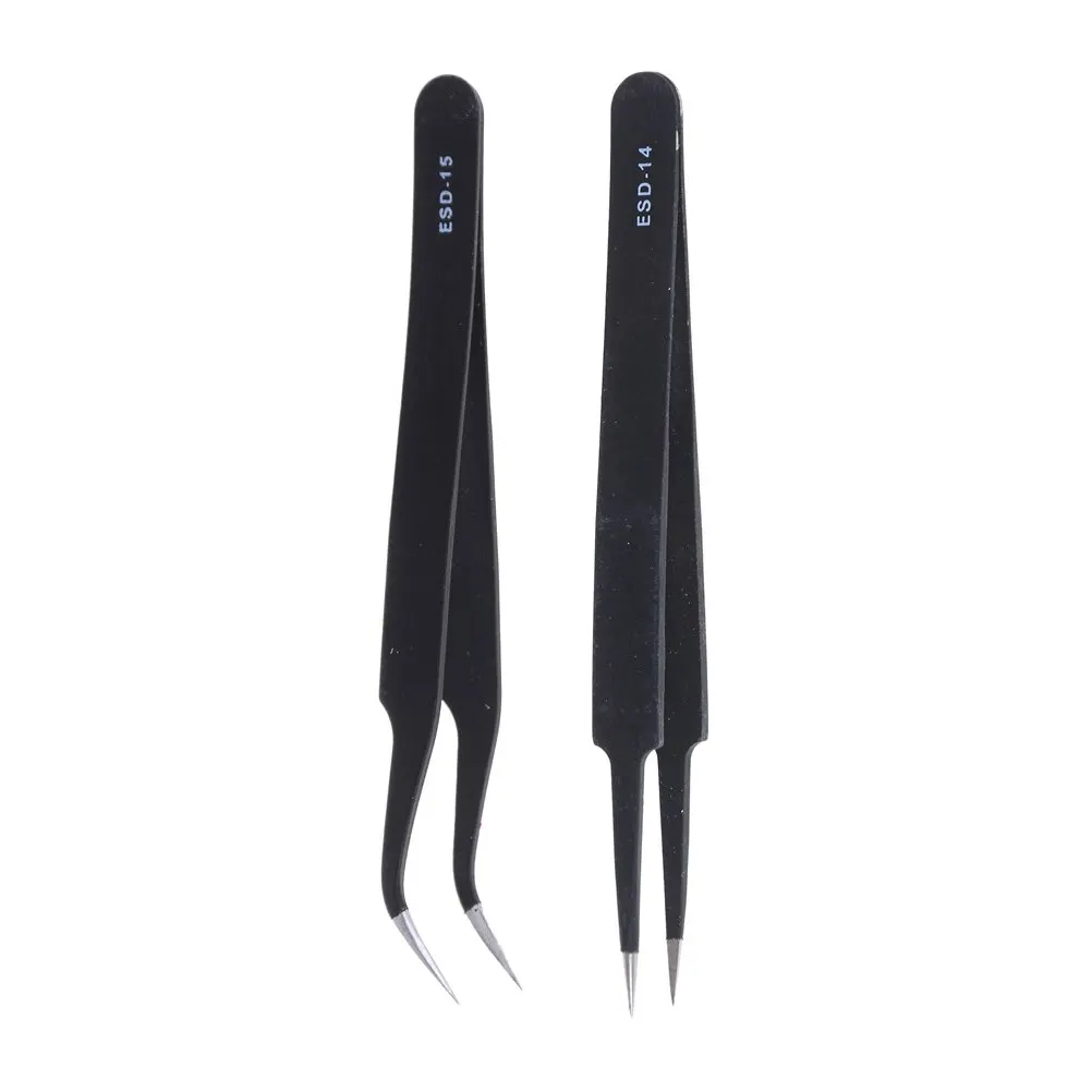2pcs/lot Electronics Non-magnetic Steel Fine ESD Tweezer Repair Tools Anti-static Precision Tweezers Set