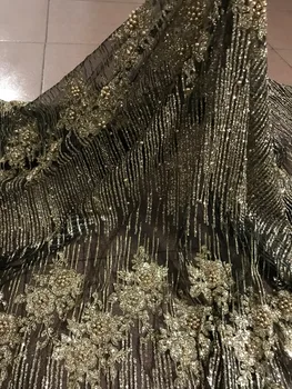 

Nice flower Gold african Tulle lace fabric with beads sequins cloth African net lace with glued glitter