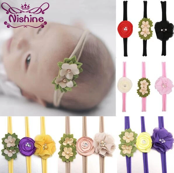 

Nishine Fashion 3pcs/lot Kids Newborn Headband Skinny Soft Nylon Headband Satin Chiffon Flower Girl Headband Set Christmas Gift