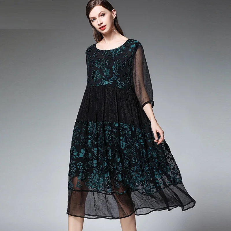 

2019 Spring female Plus size Elegant long Dresses mesh floral jacquard chiffon party dress 3/4 sleeves longos vestidos 4XL XXXXL